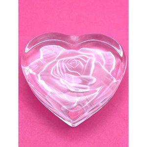 Heart Shaped 1980's Paperweight Deep Cut Rose Design Clear Glass Home Decor